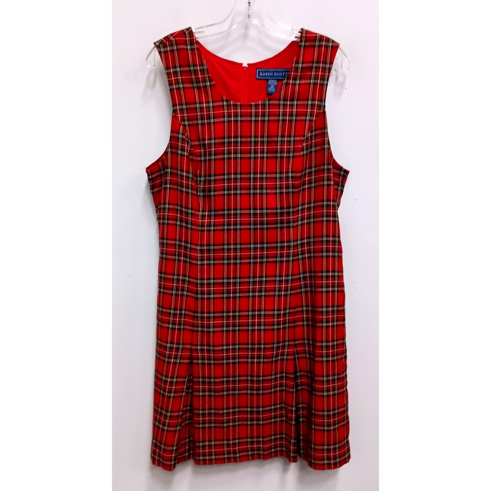 Vintage 90s Karen Scott Plaid Jumper Dress Womens 10 Red Tartan Sleeveless Mini